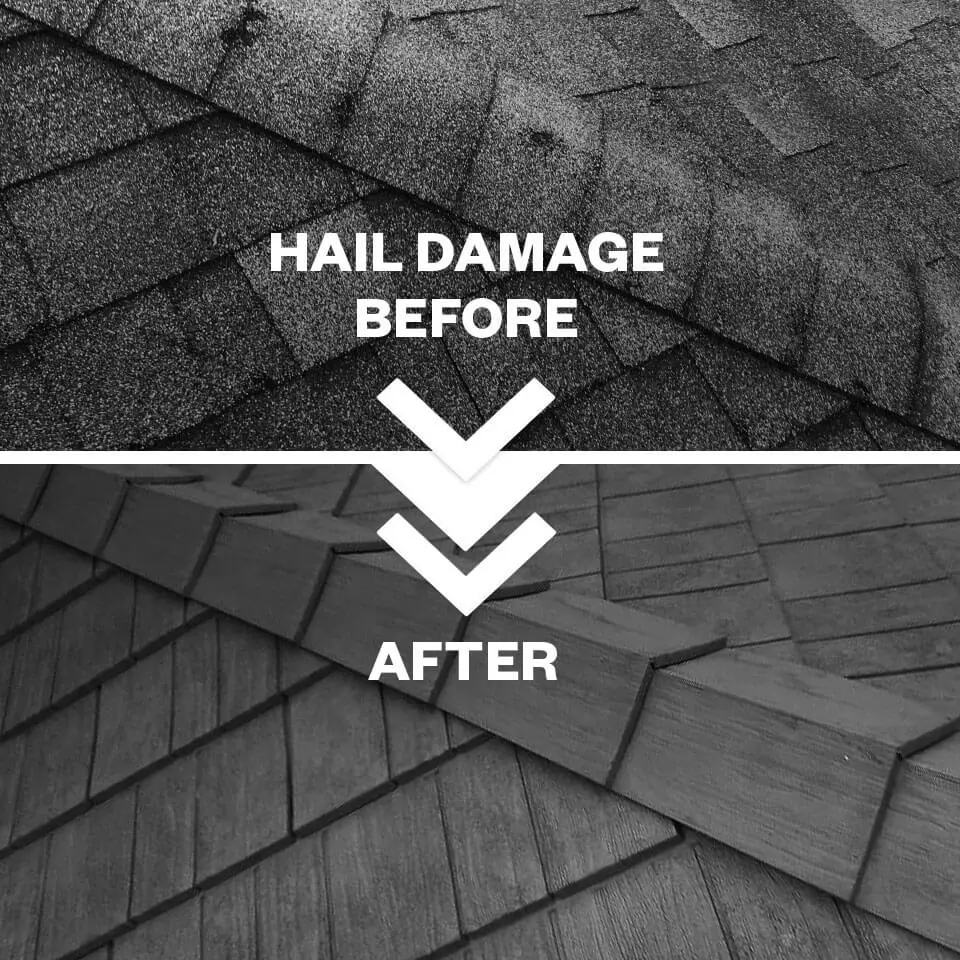 Hail damaged asphalt shingles before and after roof repair in Cardston Alberta