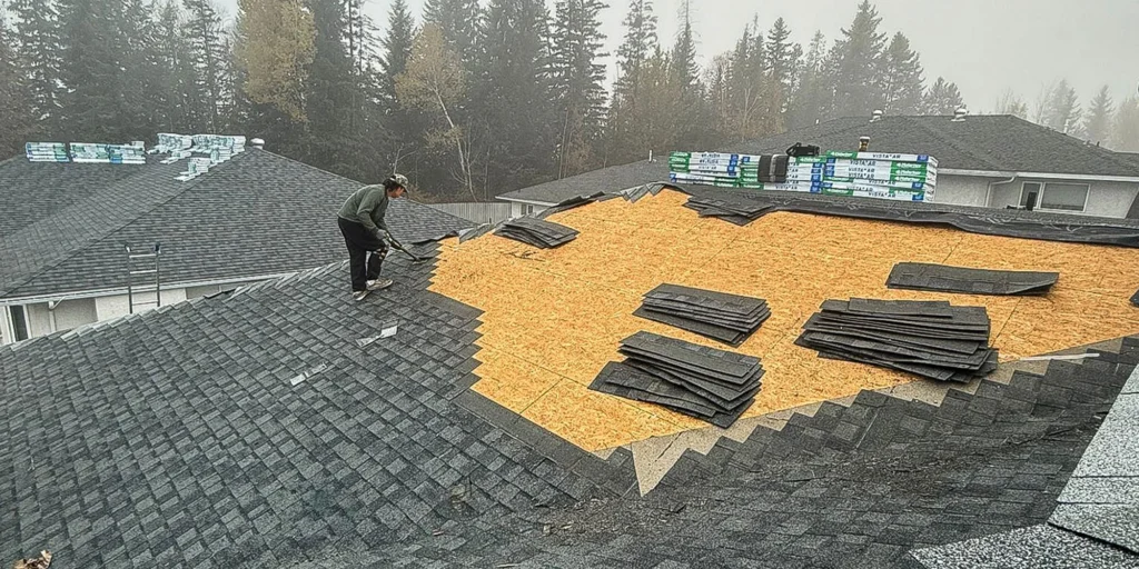 Roof replacement in progress showing asphalt shingles on a Canadian home