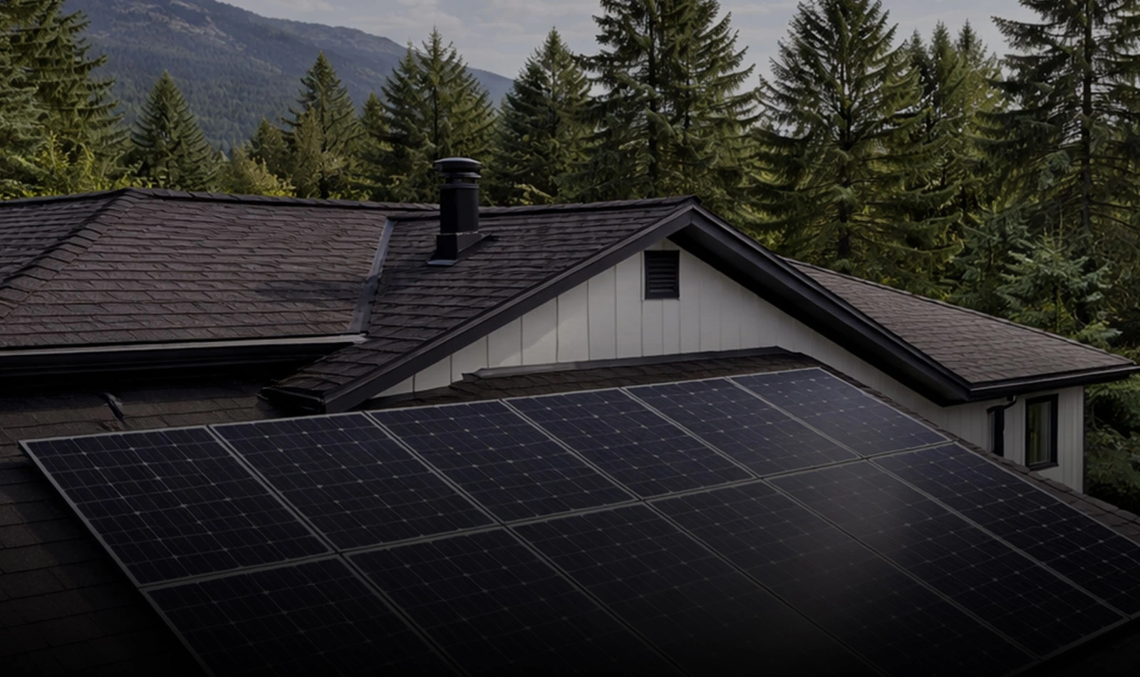 Solar panels on a home roof among tall trees