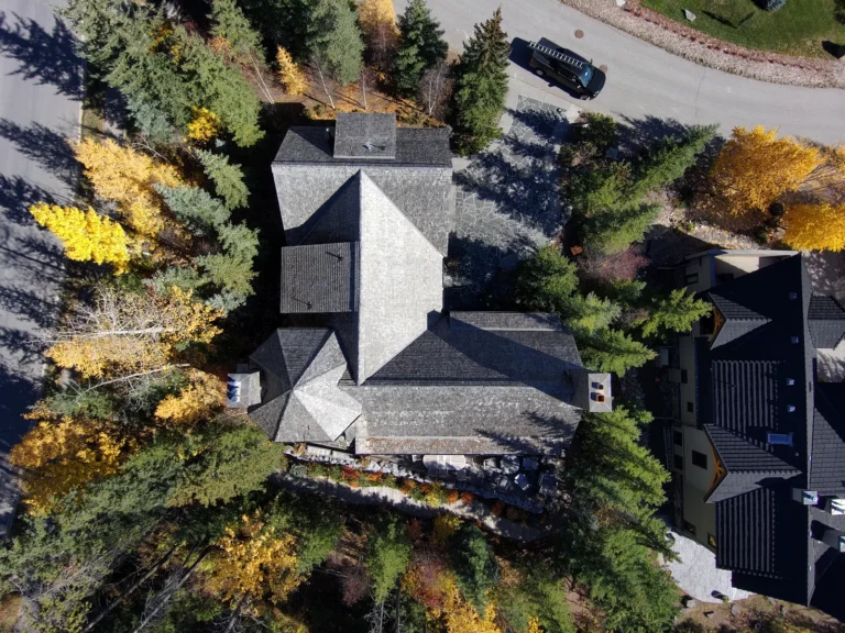 Overhead view of a cedar shake roof on a Canmore home