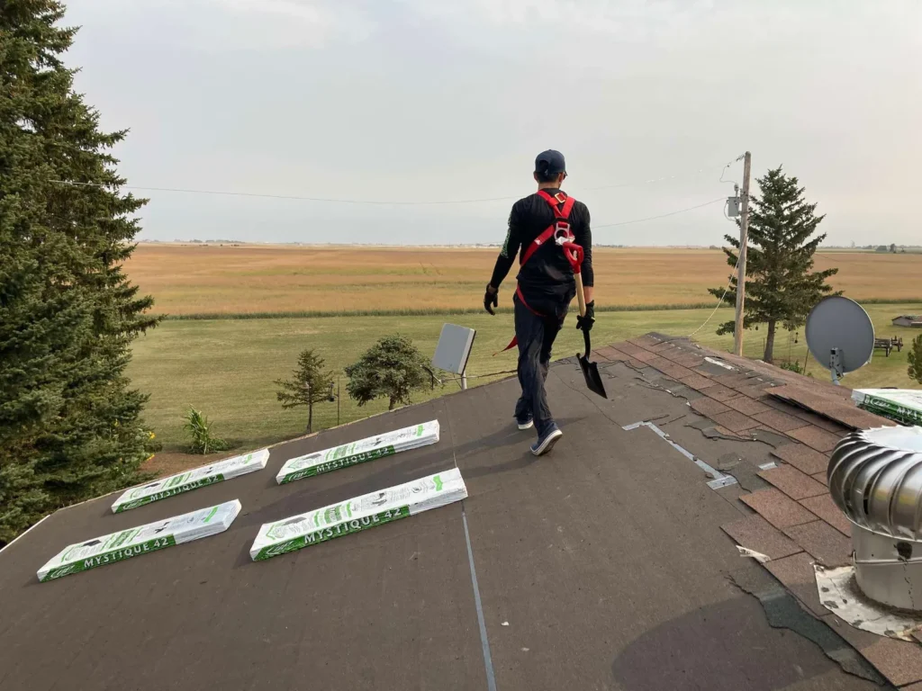 Bears Valley roofer wearing a fall-protection harness on a Diamond Valley roof replacement