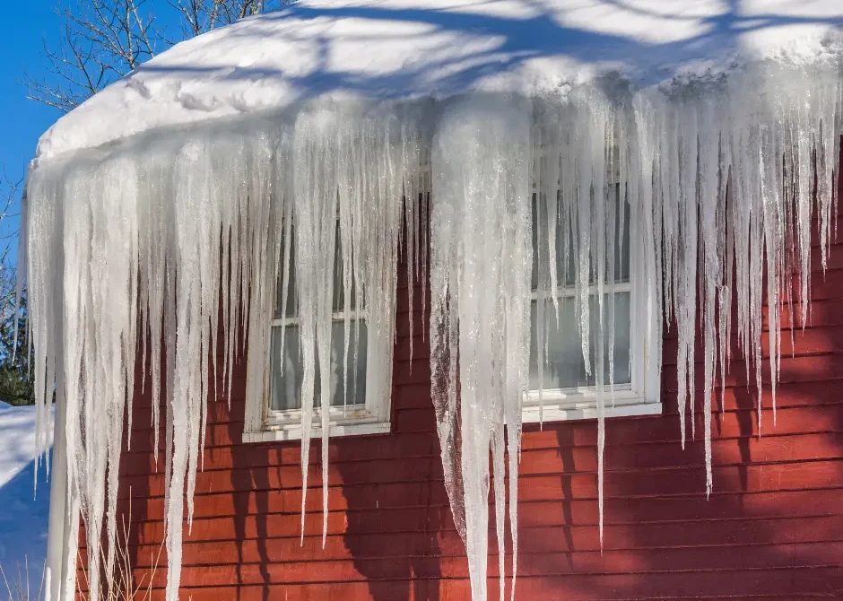Heavy icicles and an ice dam hanging from snow-covered eaves