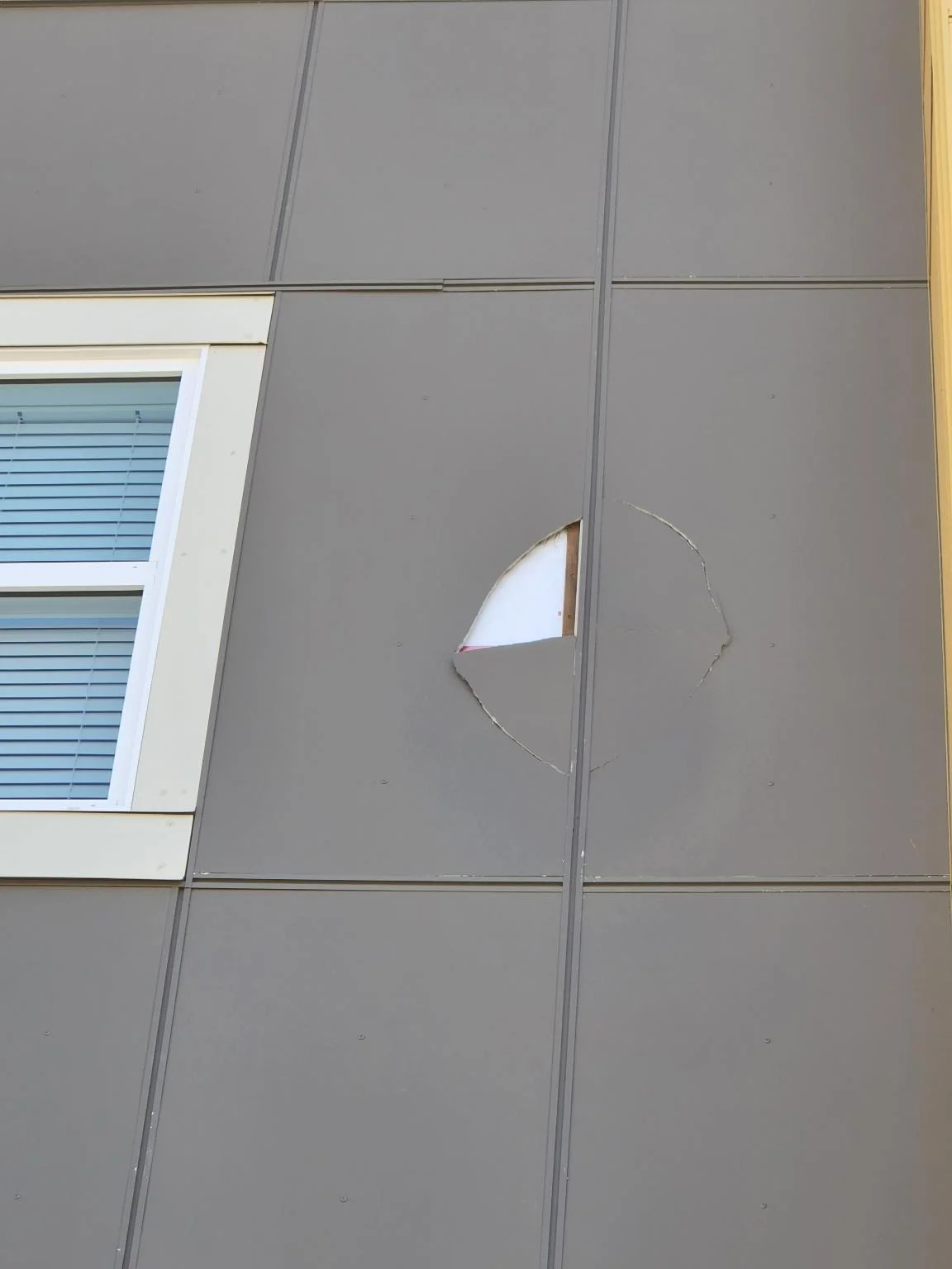 Damaged siding on the condo building, Calgary, AB