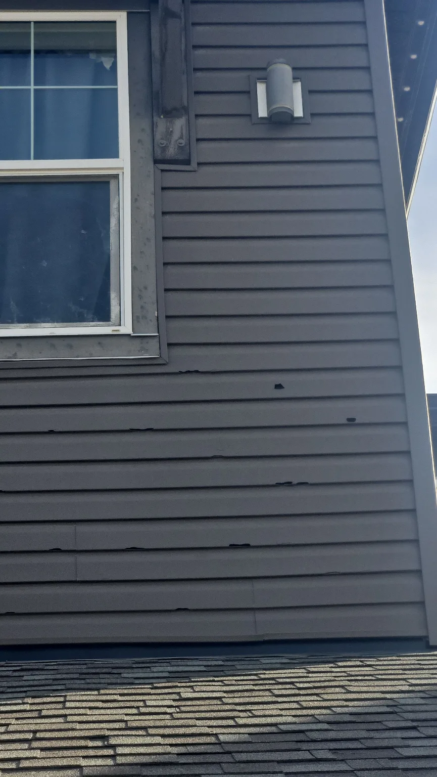 Hail chips in vinyl siding found during an inspection in Calgary