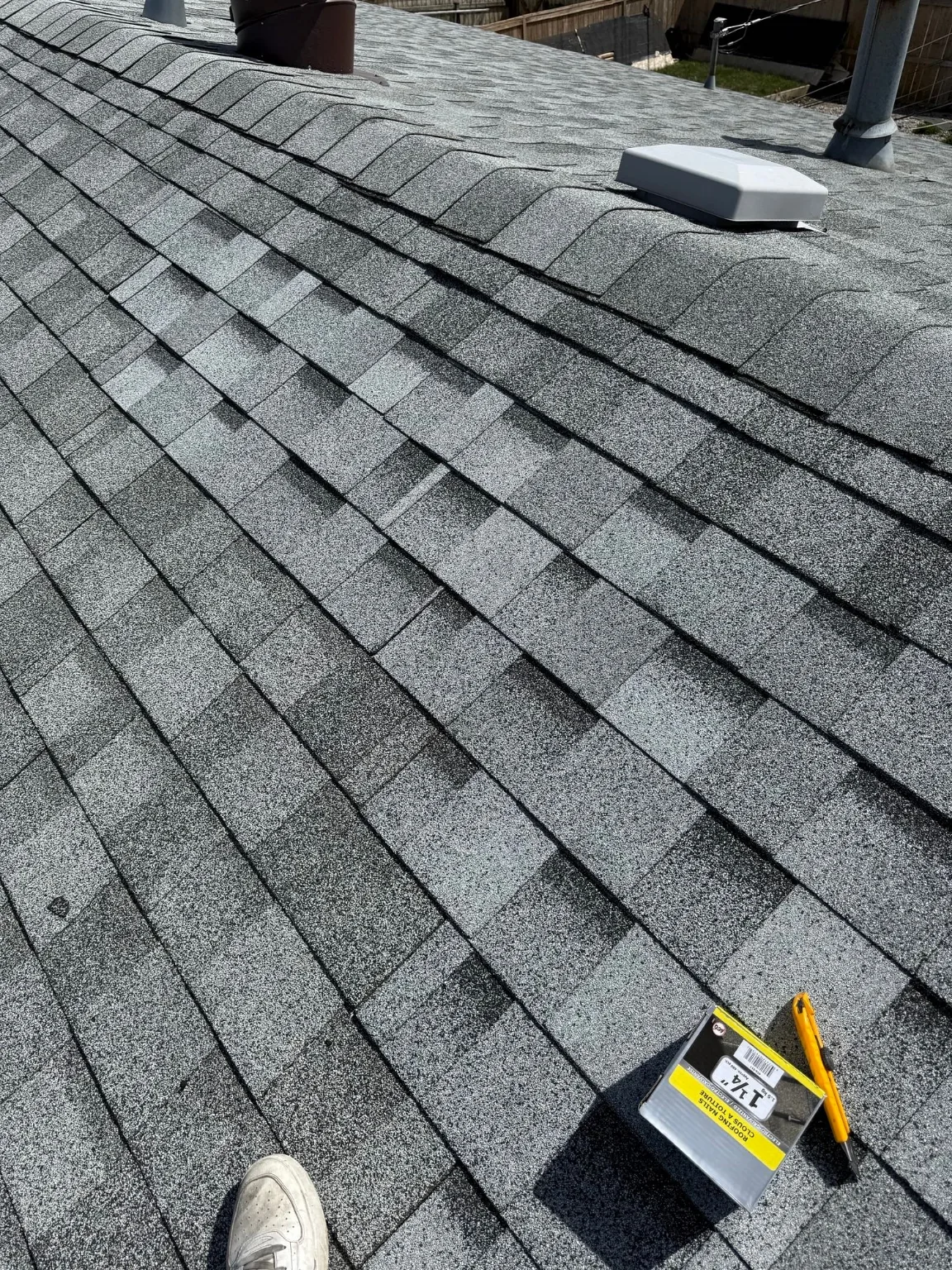 Checking the shingle field after a windstorm, Calgary