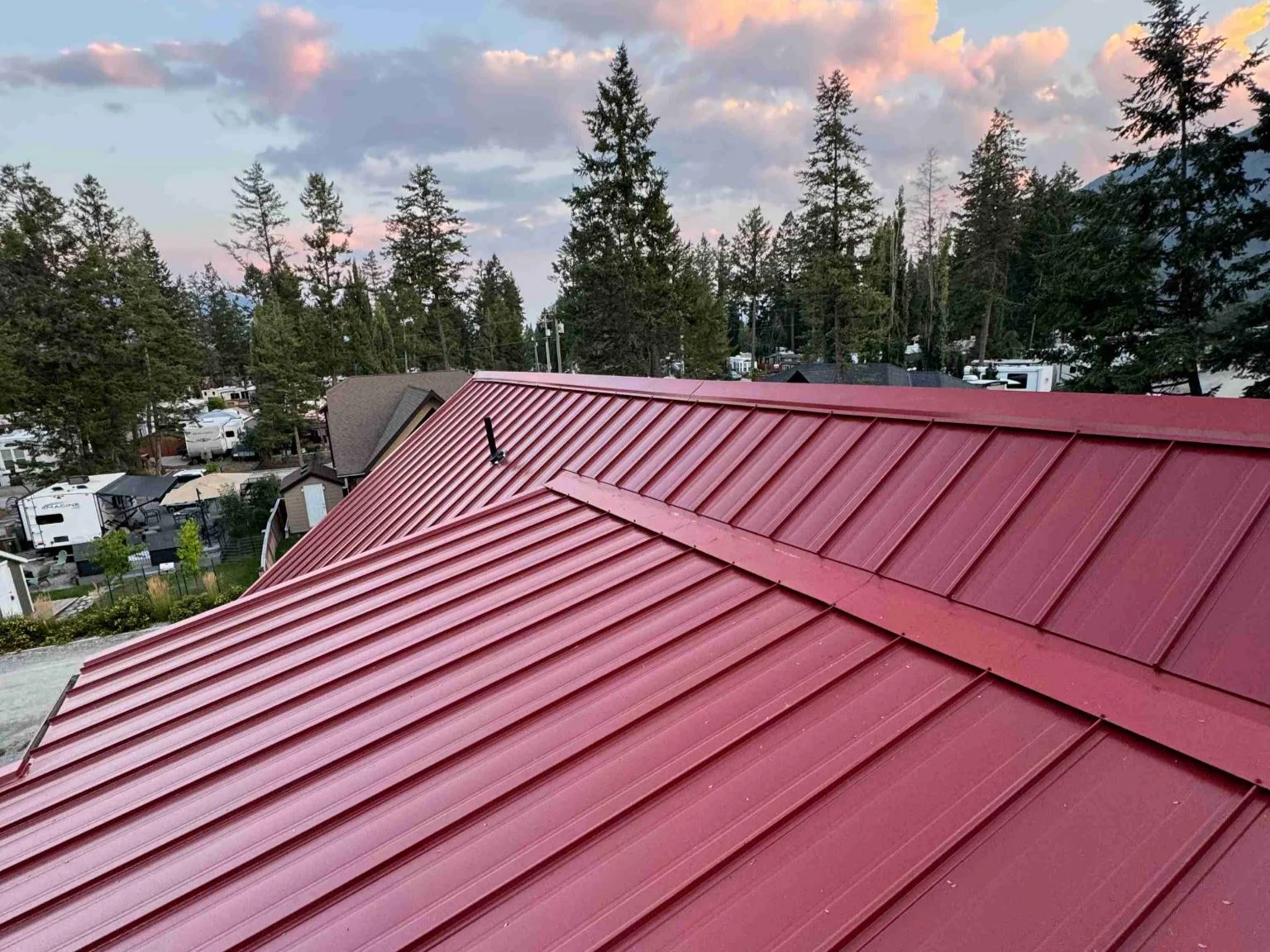 The new red Cascadia snaplock metal roof, Edgewater, BC