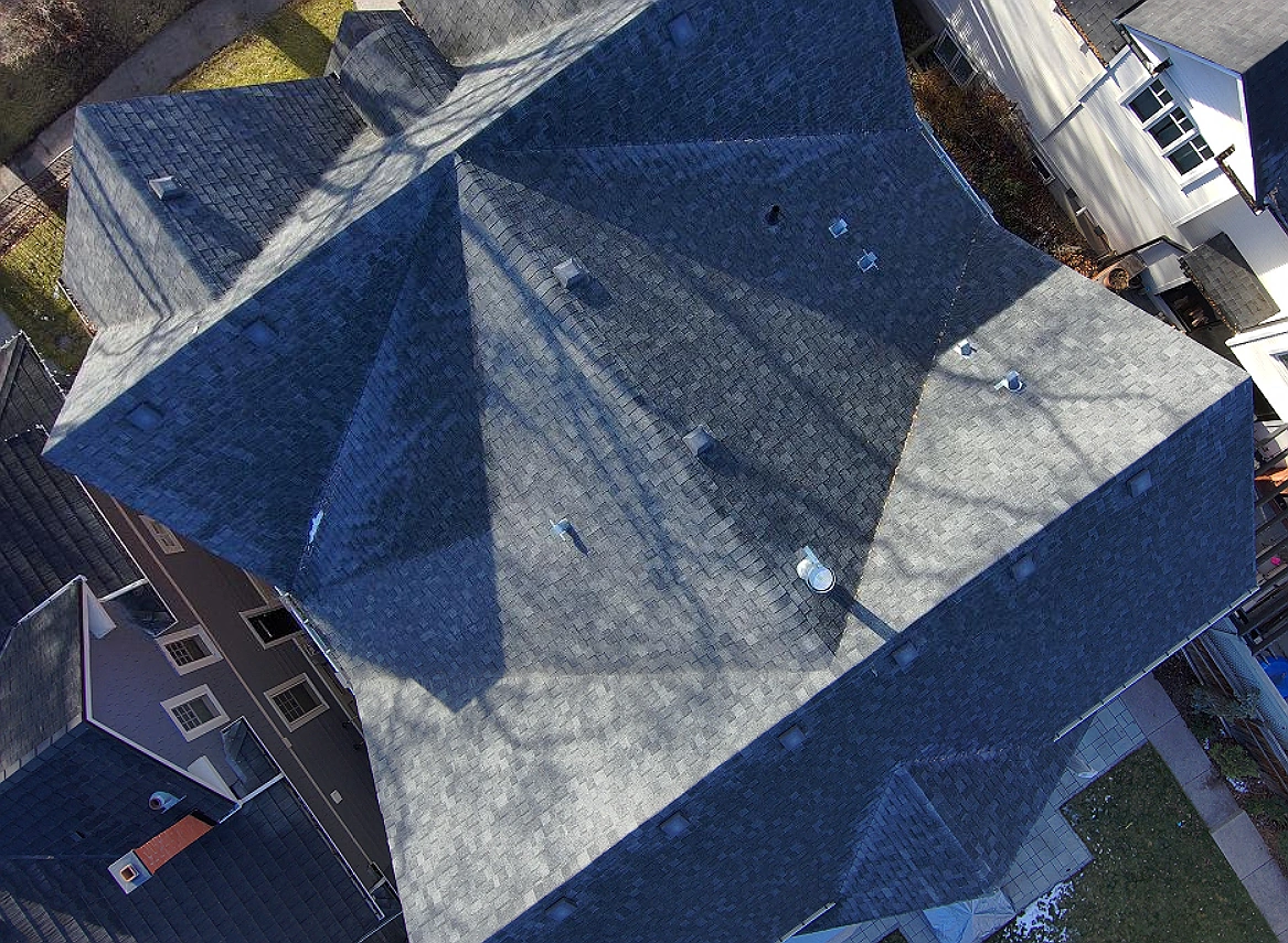 Overhead view of an inner-city home’s main roof, Elbow Park, Calgary, AB