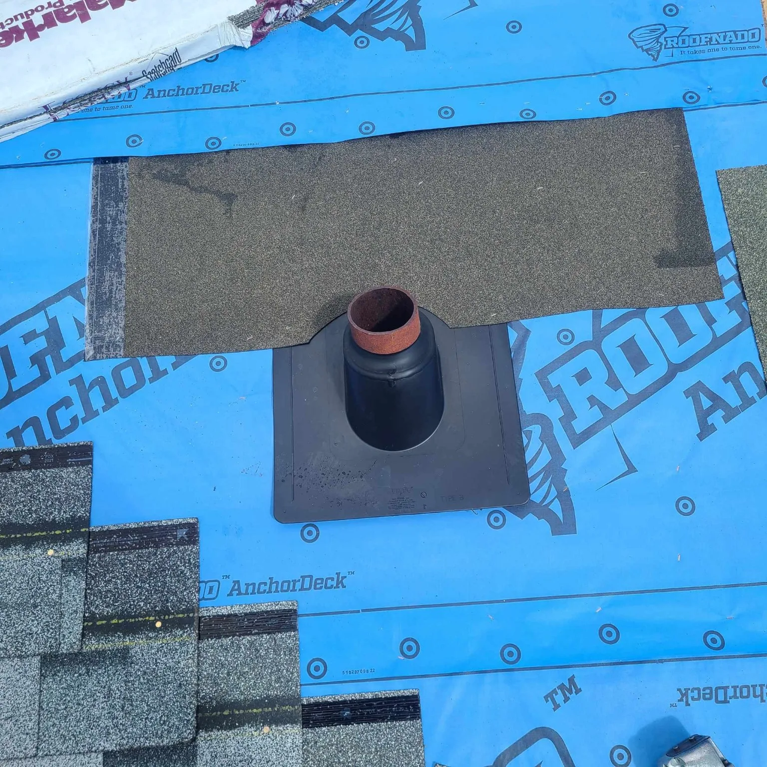 New pipe flashing over underlayment, High River