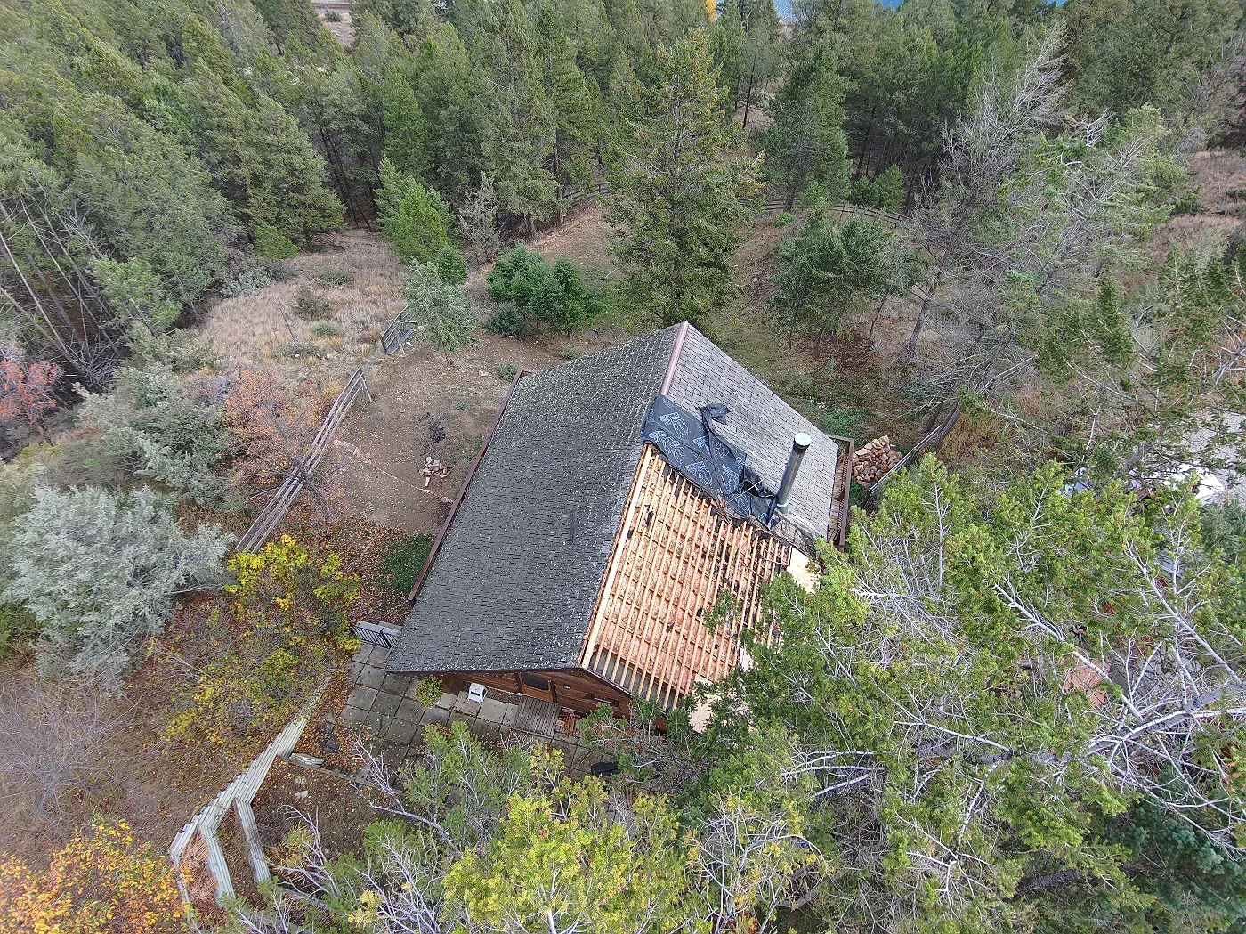 Old roof coming off a log A-frame cabin, Invermere, BC