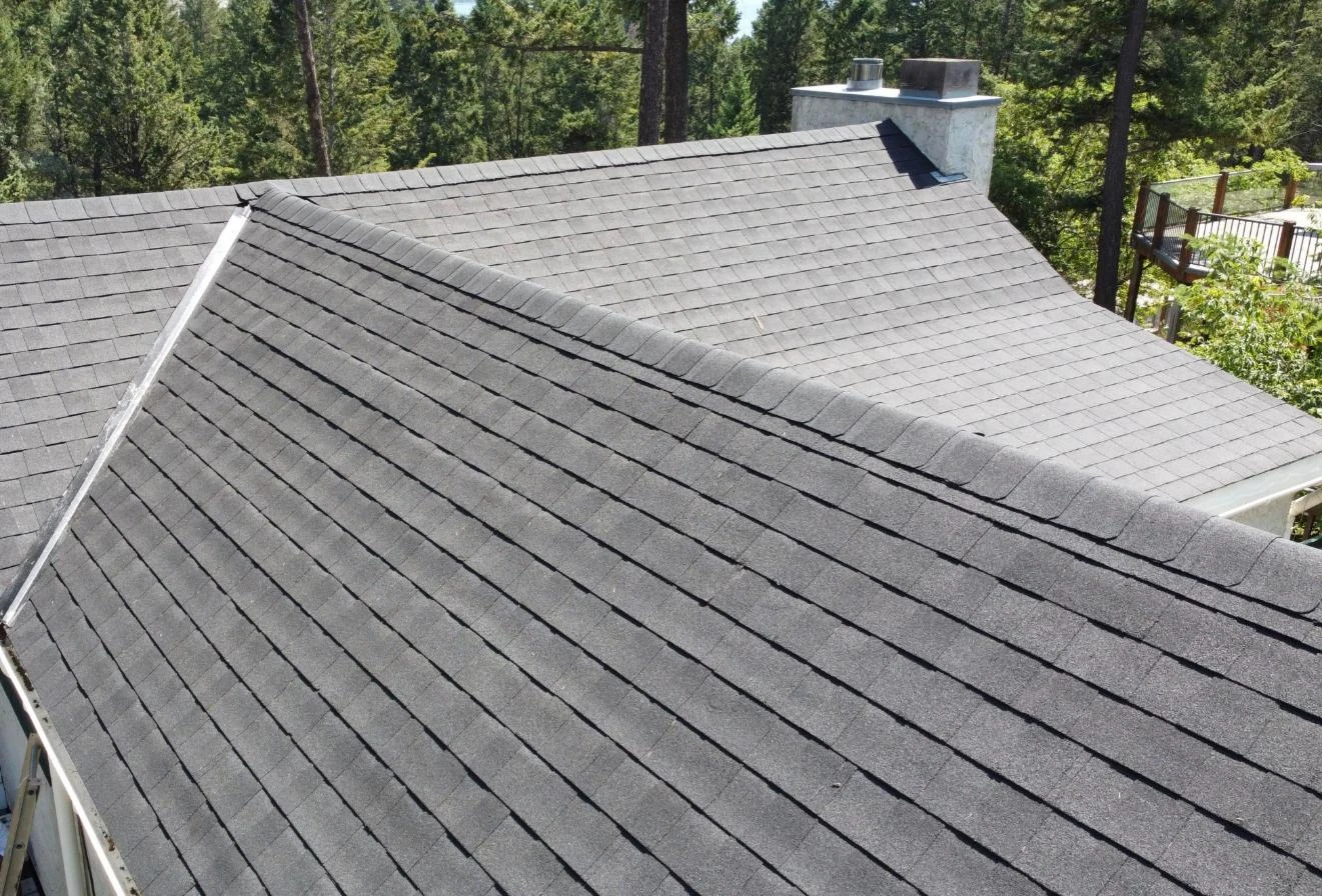 Overhead view of the new BP Mystique shingle roof on a cottage, Invermere, BC