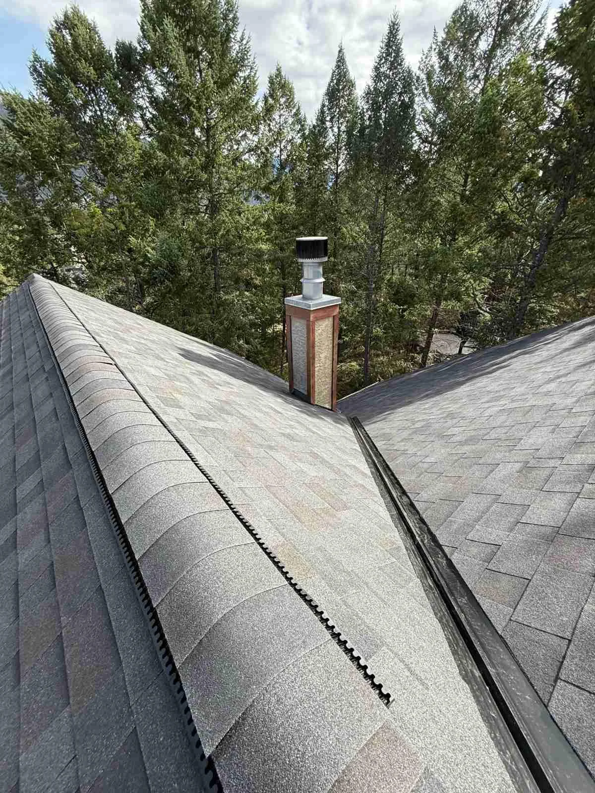 New Malarkey Legacy shingles at the ridge vent, Invermere, BC