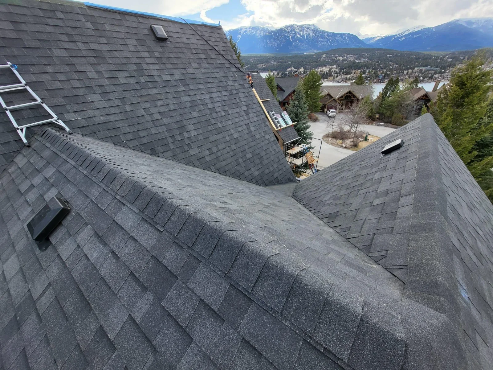 Finished Malarkey Legacy hips and valleys with the mountains behind, Invermere, BC