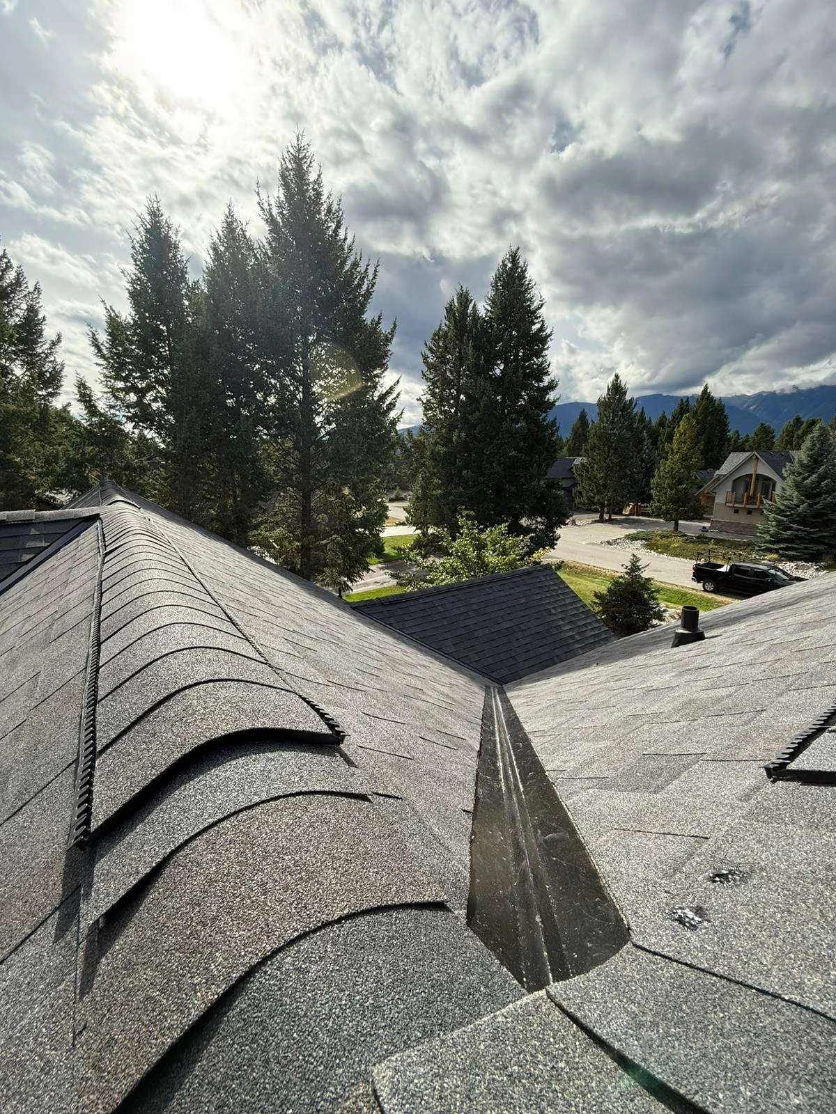 The finished roof with several hips and ridges, Invermere, BC