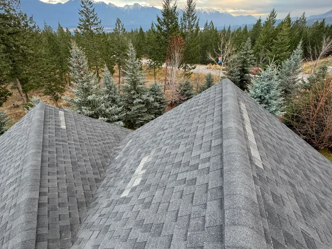 A steep roof with wind damage and temporary patches, Invermere, BC