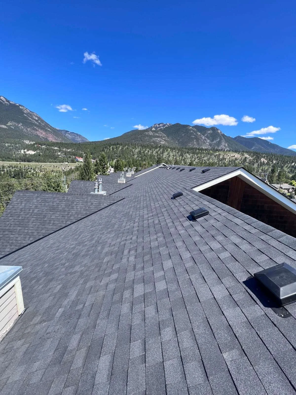 The finished condo roof with the mountains behind, Radium Hot Springs, BC