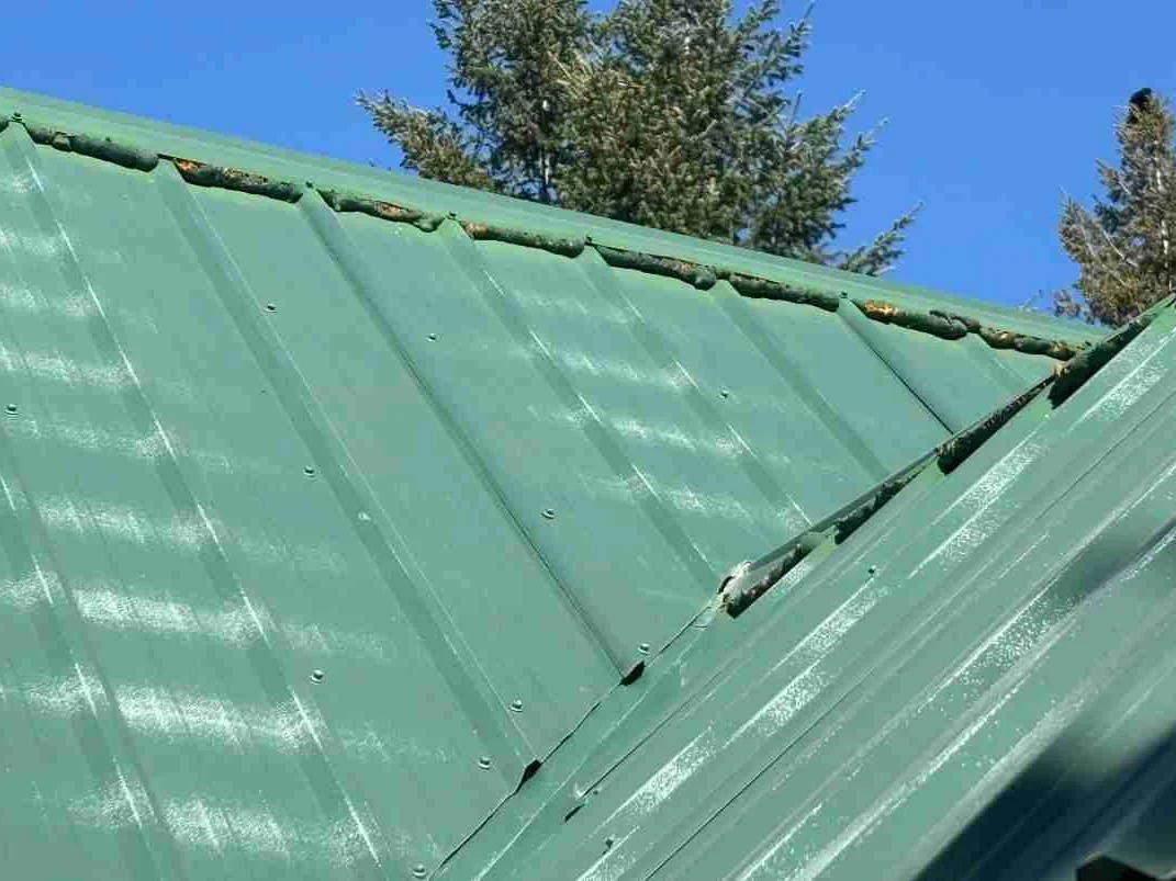 A green metal roof assessed for repairs, Radium Hot Springs, BC