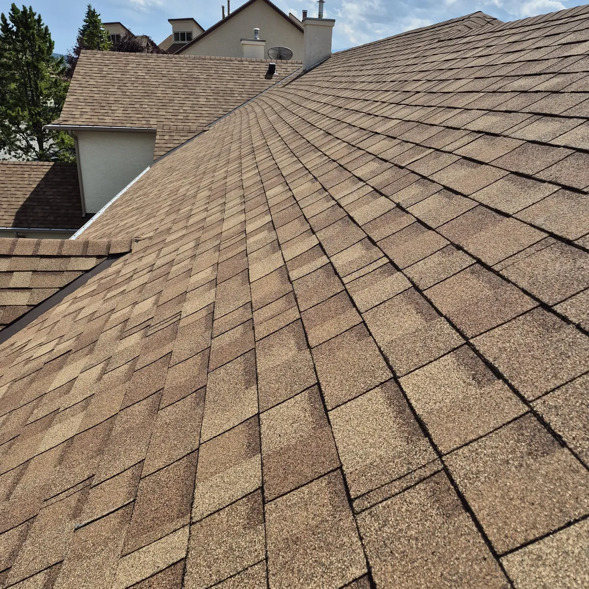 Close-up of new architectural shingles on a Radium Hot Springs townhome roof