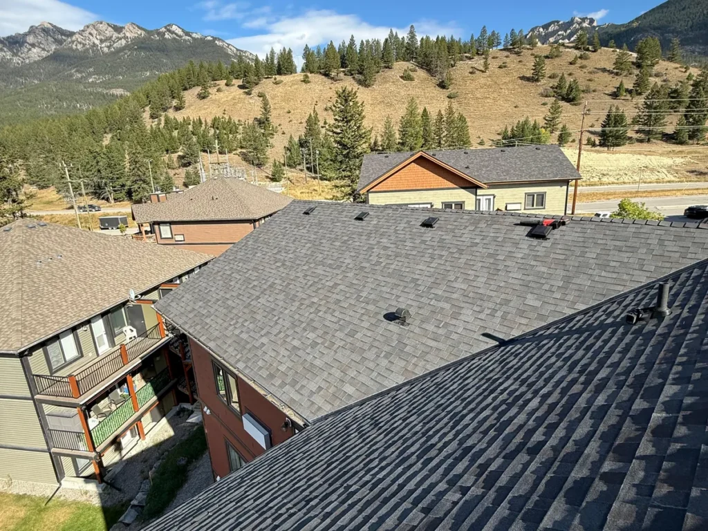 Finished shingle roof on a Radium Hot Springs townhome complex