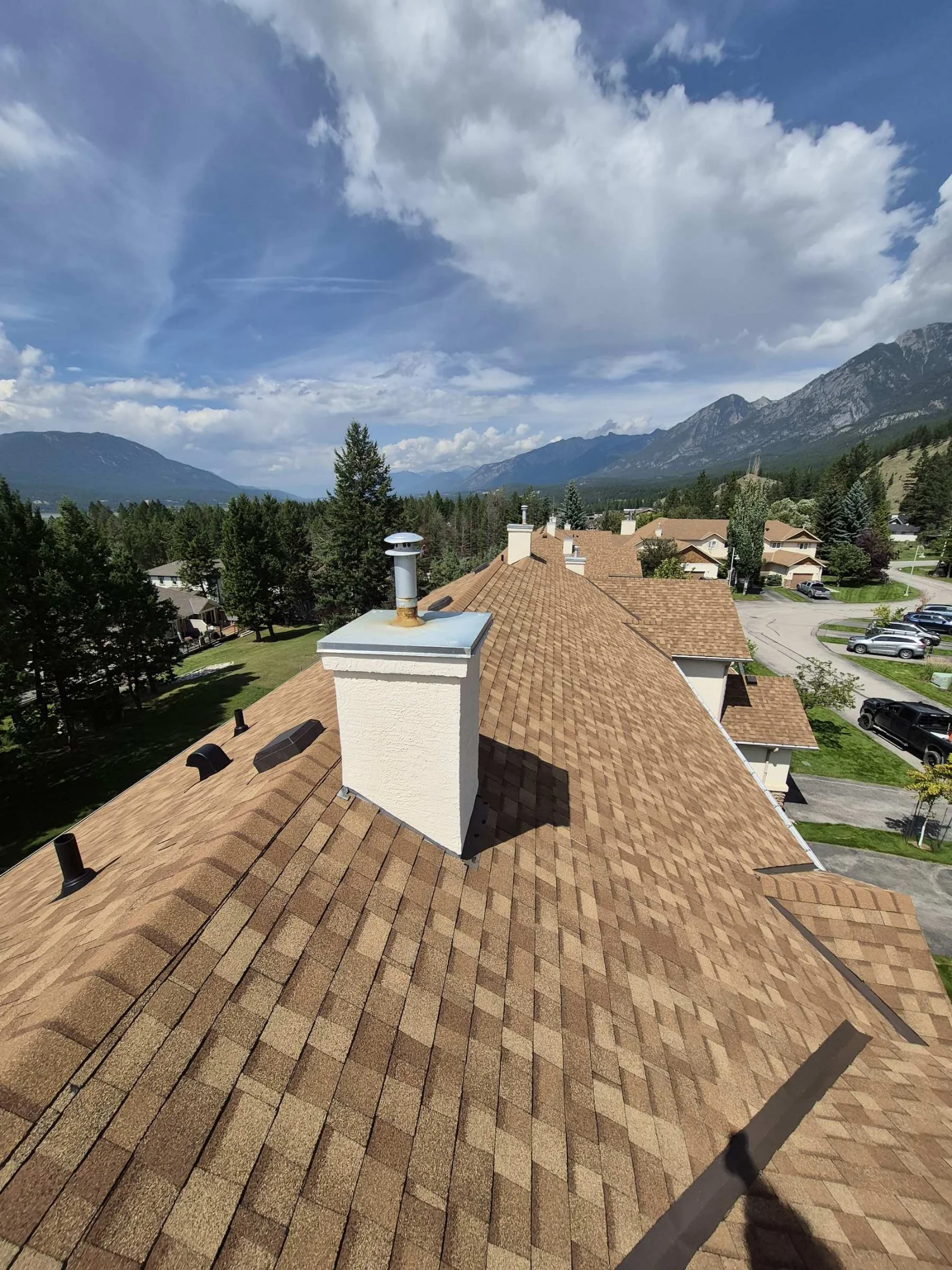 The new shingle roof looking out to the mountains, Radium Hot Springs, BC
