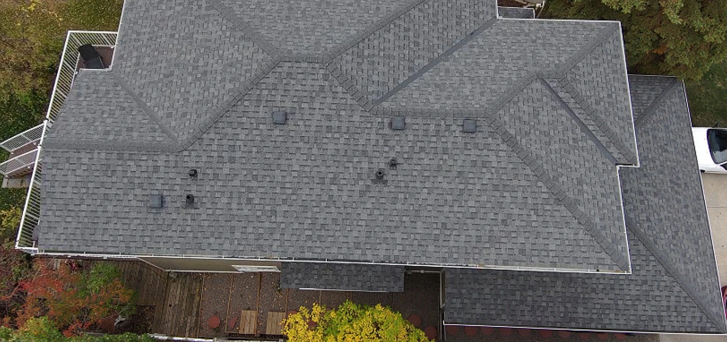 Overhead view of the front roof slopes, Riverbend, Calgary, AB