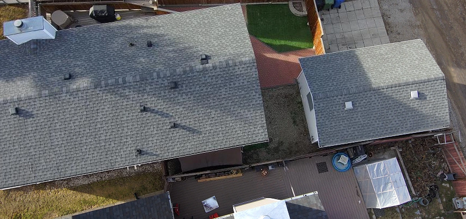 Overhead view of the main roof before replacement, Riverbend, Calgary, AB